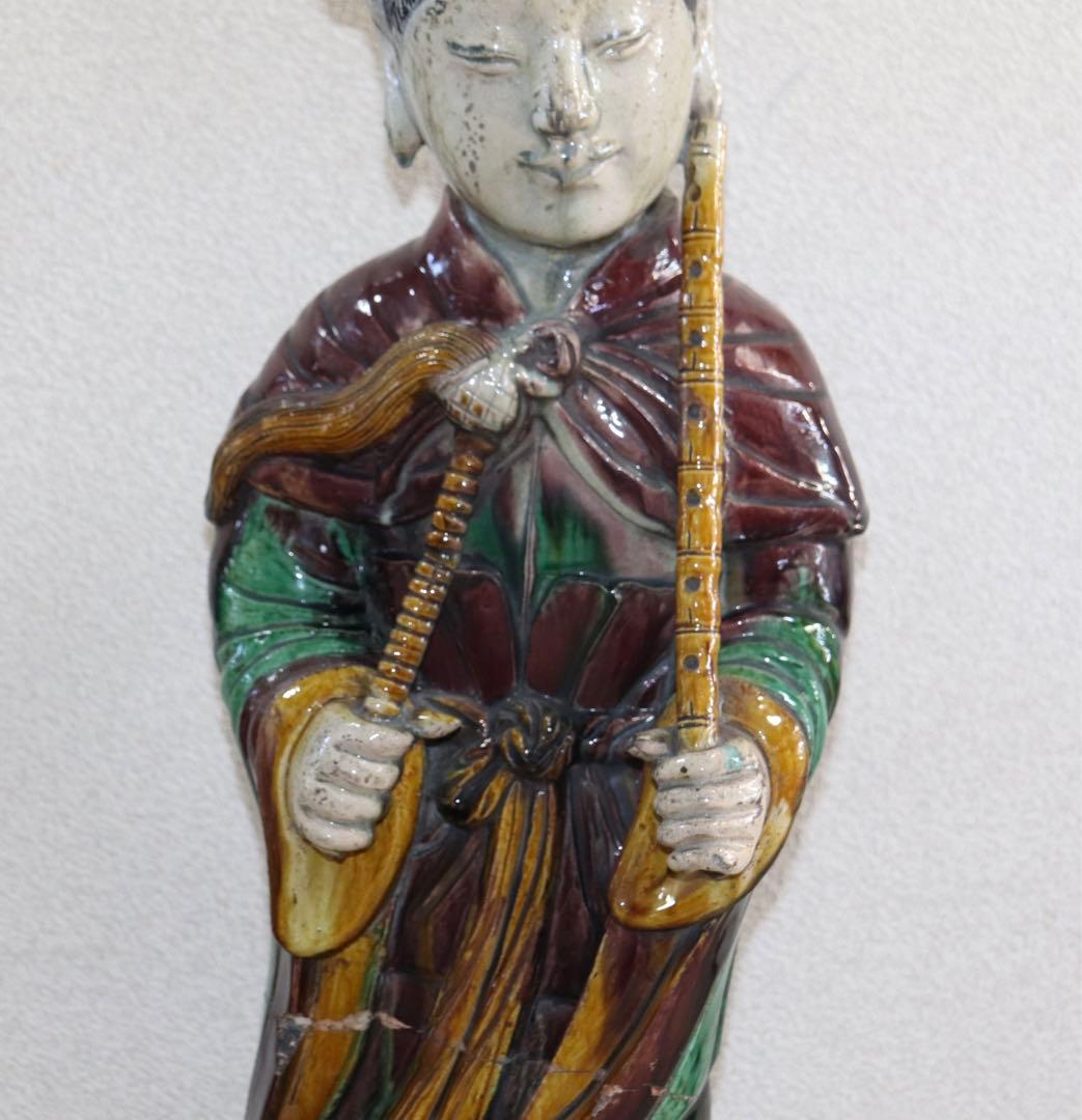 中国　清時代初期　三彩持笛少女像　アンティーク　送料込み0207