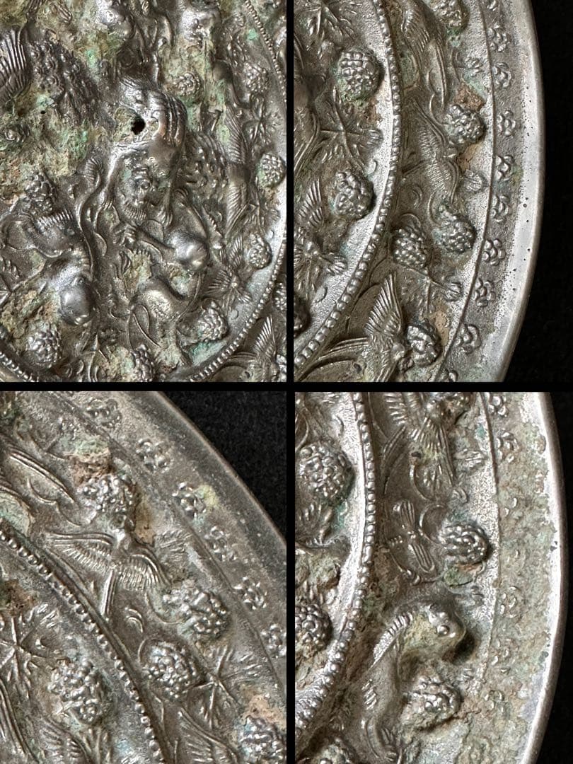 中国美術　【海獣葡萄鏡】　古鏡 円鏡 漢鏡　箱付　唐物 時代物　直径約15cm