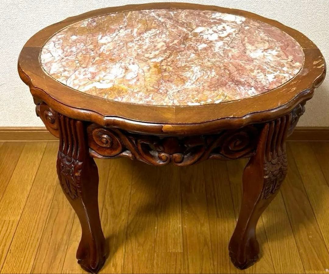サイドテーブル 木彫り 大理石 テーブル アンティーク