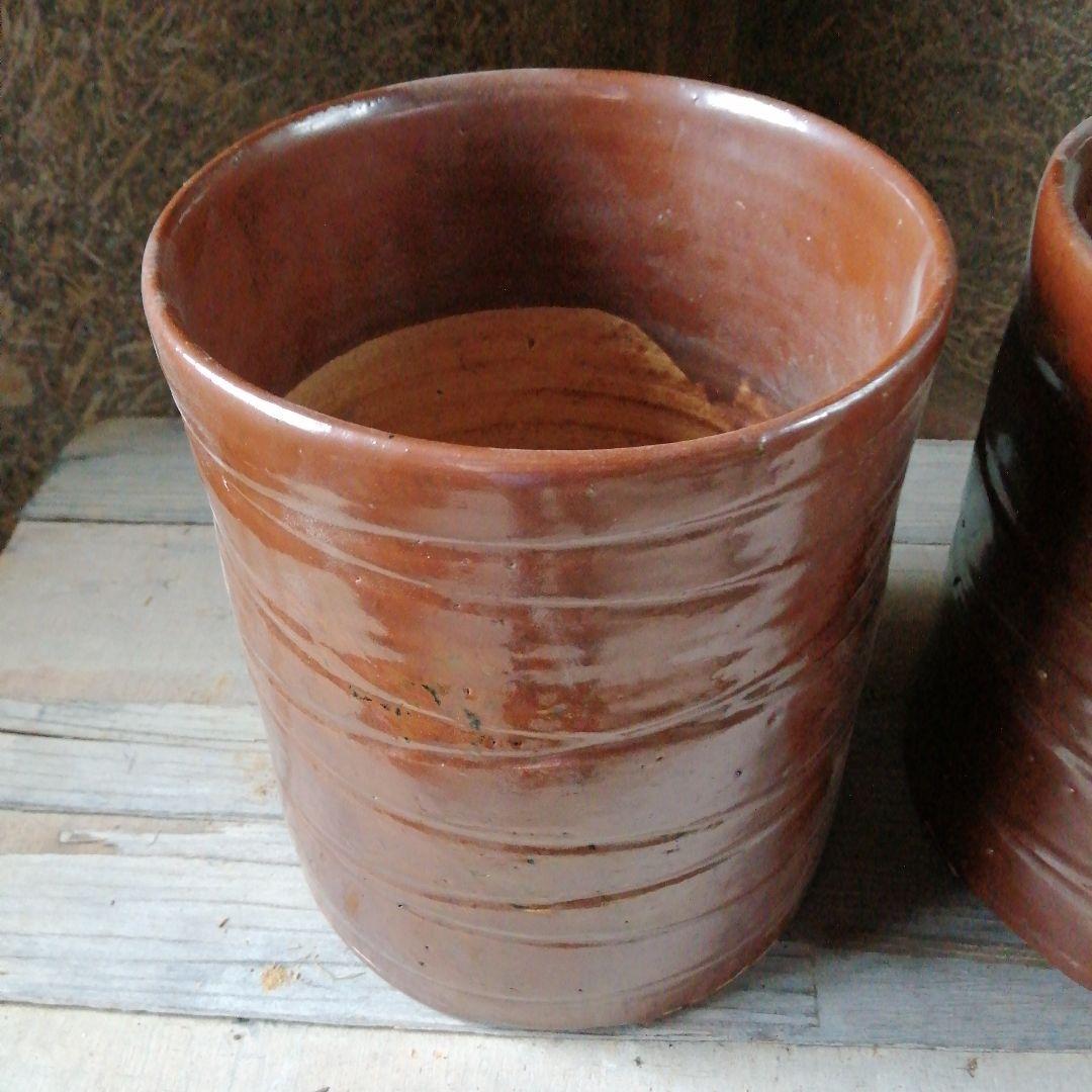 瀬戸焼　加藤春二　柿釉火鉢一対　20.5cm　大正～昭和初期