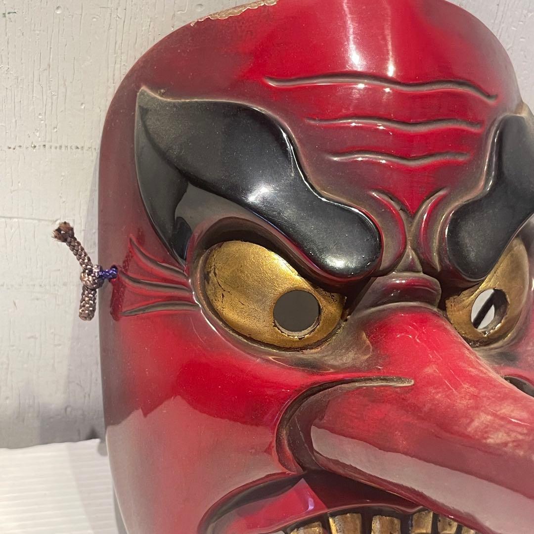 天狗 お面 壁掛け　木彫　時代　木彫り　小天狗　清巴　魔除け　縁起物　鬼面