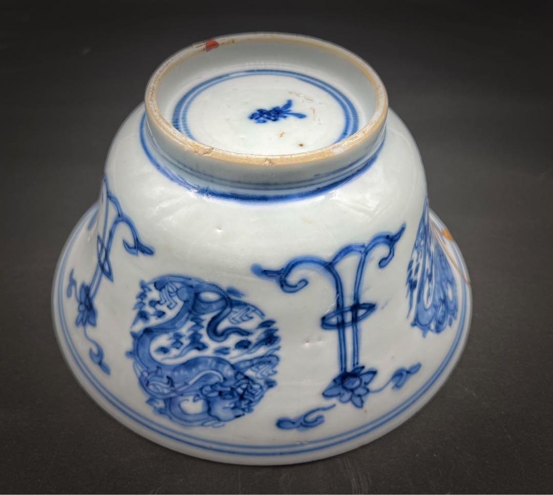 中国美術 古玩 清 康熙 梵文團龍紋青花大碗