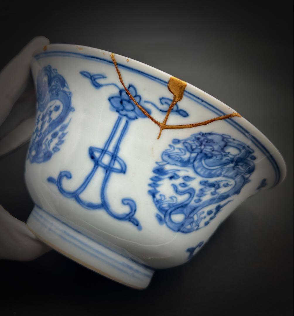 中国美術 古玩 清 康熙 梵文團龍紋青花大碗