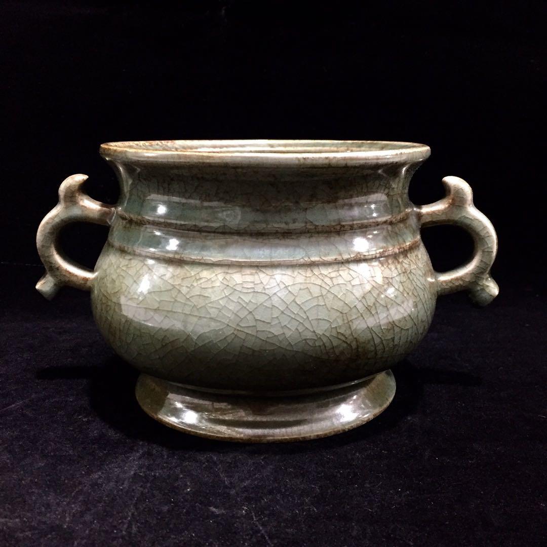 文房具　雙耳香爐 宋時代　汝窯 陶器　冰裂纹 貫入