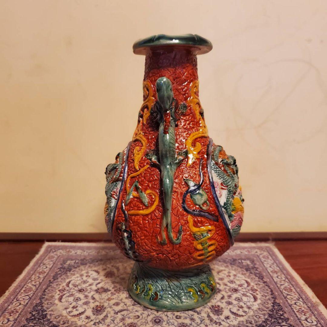 中国古玩　大清乾隆年製　紅釉龍鳳文様　花瓶
