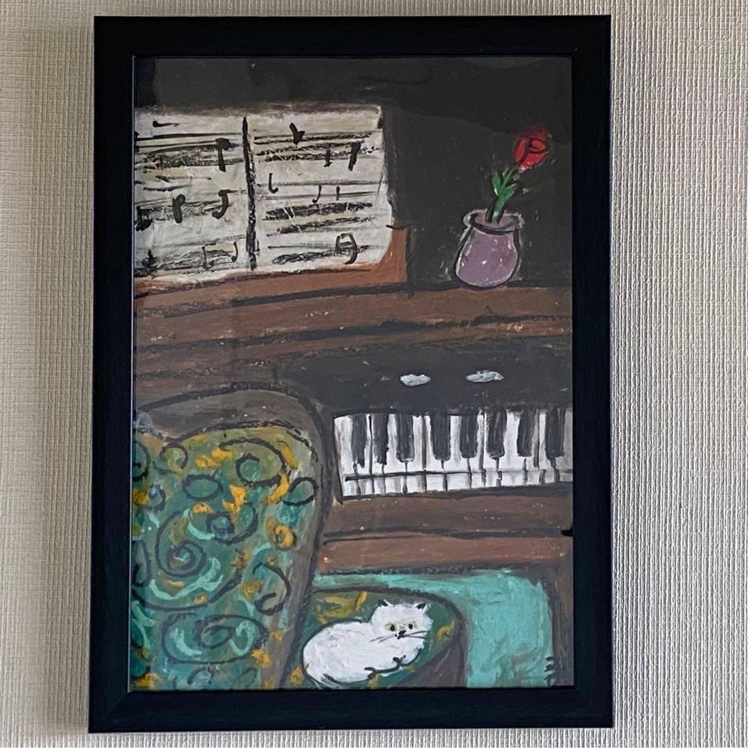 絵画。壁掛け原画【素敵なピアノ曲と椅子の上で寝たい猫】