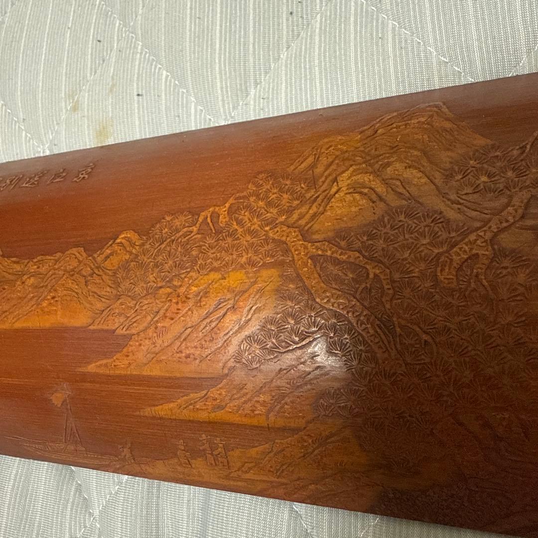 中国古美術 扇子 在銘 文房具　煎茶道具　茶合　山水人物彫　竹茶合 詩文彫