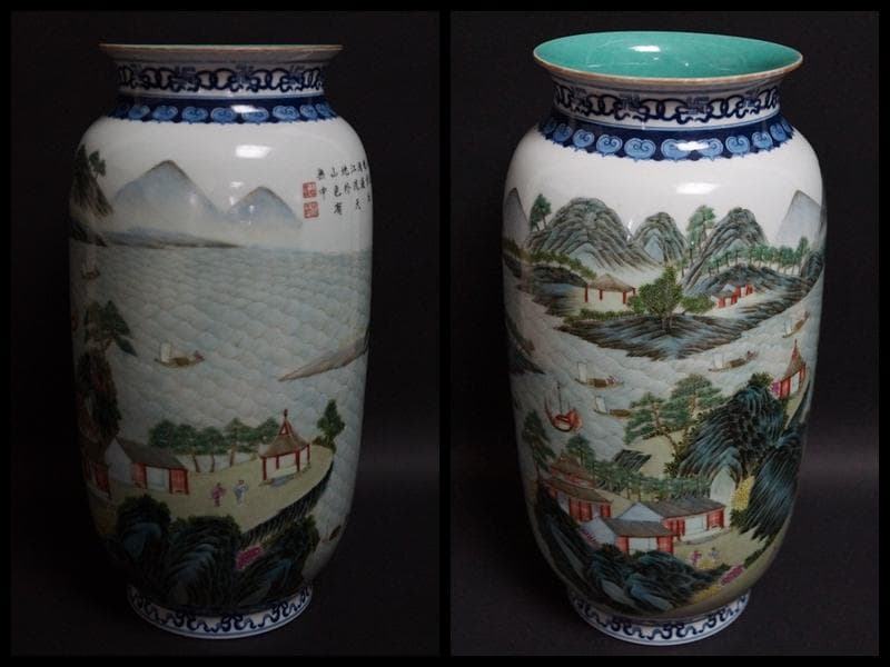 清 大清乾隆年製 粉彩色絵『山水風景人物漢詩文』飾壺 花器 高さ31.5㎝