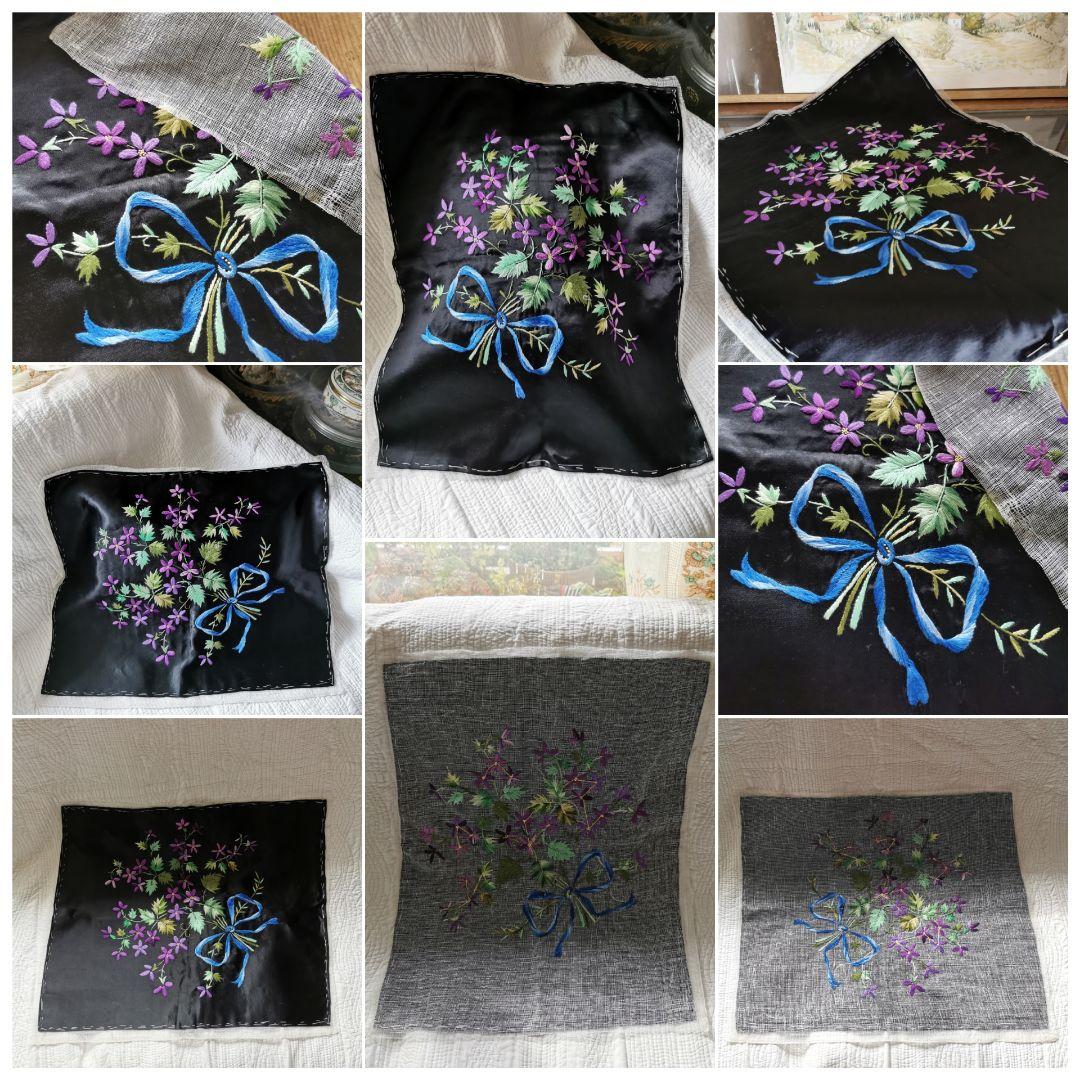 アンティークフランス 紫小花 スミレの花束刺繍 ブルーリボン シルク生地作品