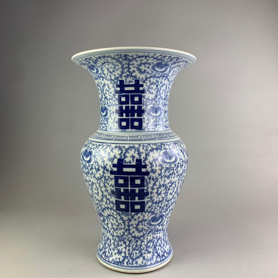 青花喜字觚花瓶 磁器 景徳鎮 置物