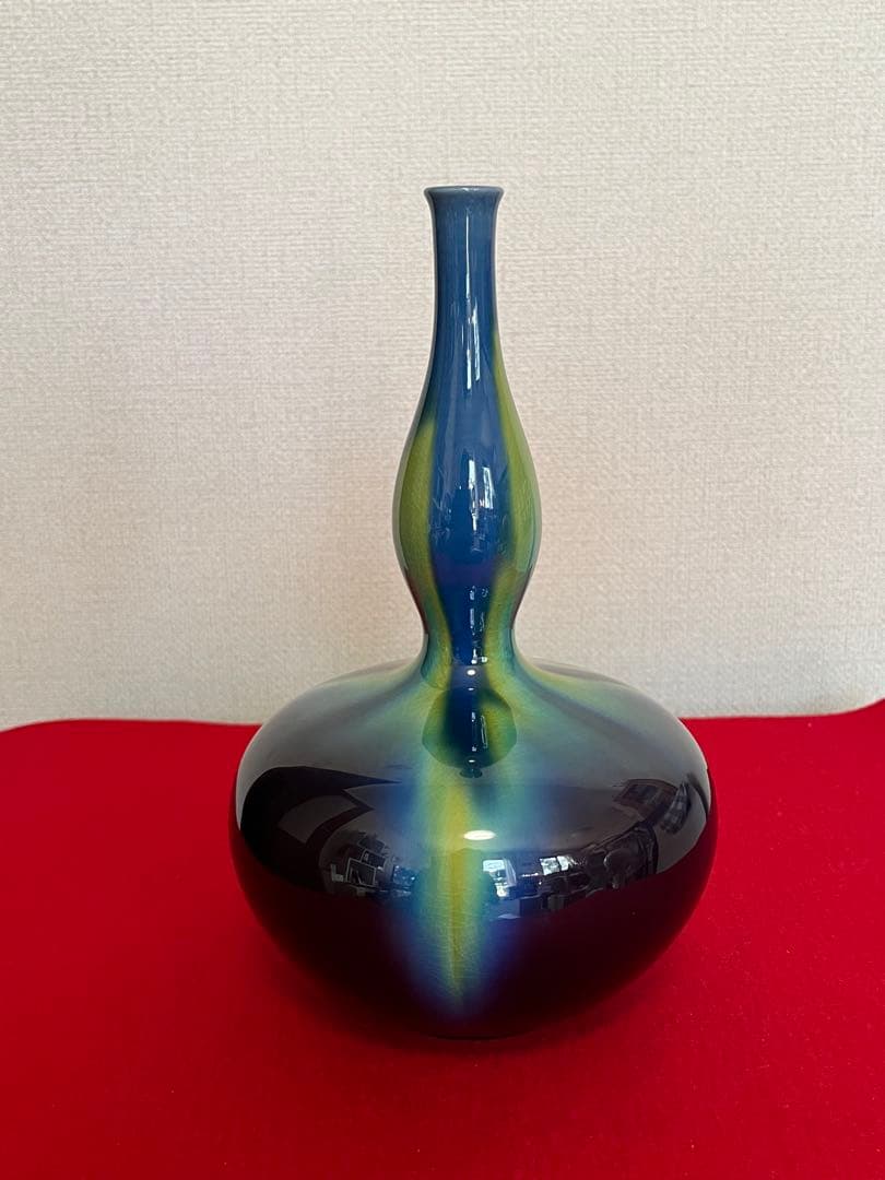 三代 人間国宝 徳田八十吉（正彦銘）碧明釉 瓢型 花生 約24㎝ T288