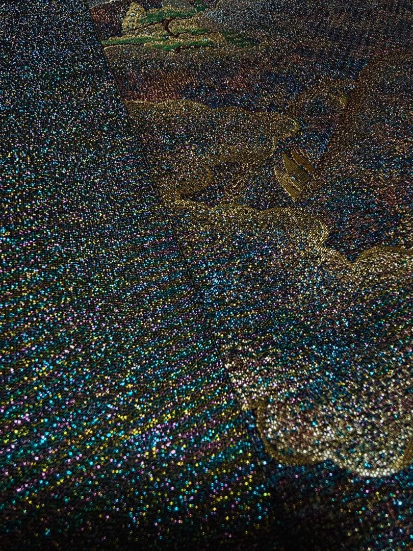 【超美品】袋带 六通 彩きらら織 キラキラ 宝石　青シルバー金