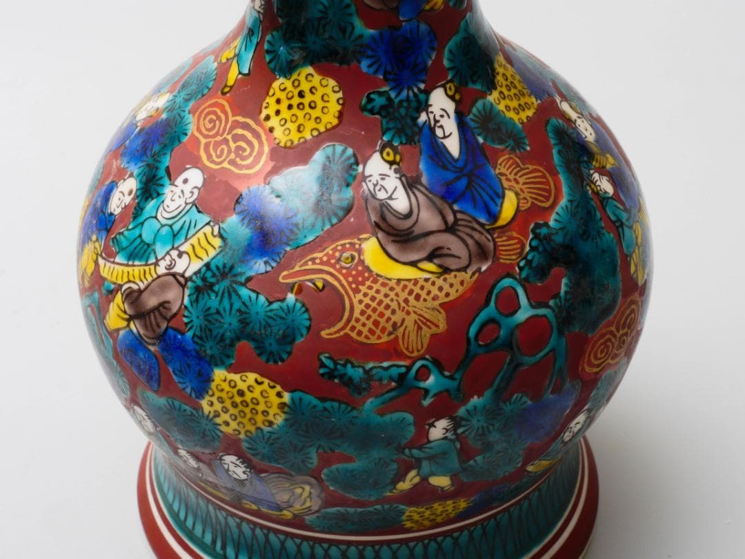 青木木米作 九谷焼 色絵金彩松賢人図 象双耳遊環花瓶 高さ23.5cm