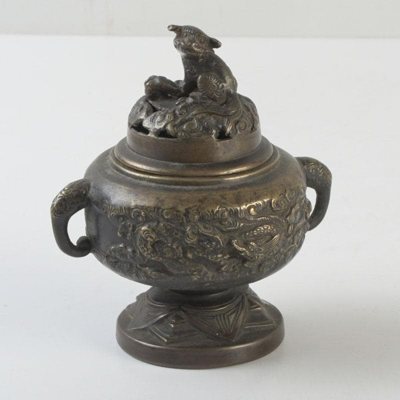 中国　古銅宣徳銅　獅子摘　龍鳳凰刻　蓋爐　香炉　V　9622