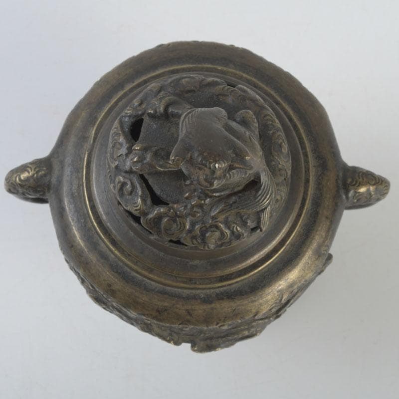 中国　古銅宣徳銅　獅子摘　龍鳳凰刻　蓋爐　香炉　V　9622