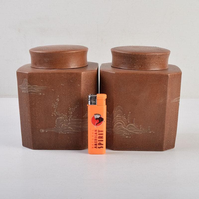 中国　紫砂　朱泥　山水漢詩文　一対　茶入　茶壷　在銘　V　R9473