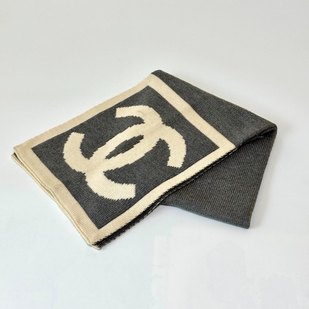 CHANEL シャネル ココマーク ニットマフラー ストール グレー/アイボリー