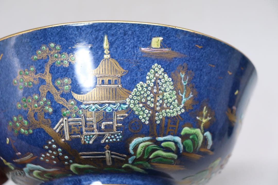 中国　清時代　瑠璃釉粉彩　山水楼閣紋お碗　送料込み1214