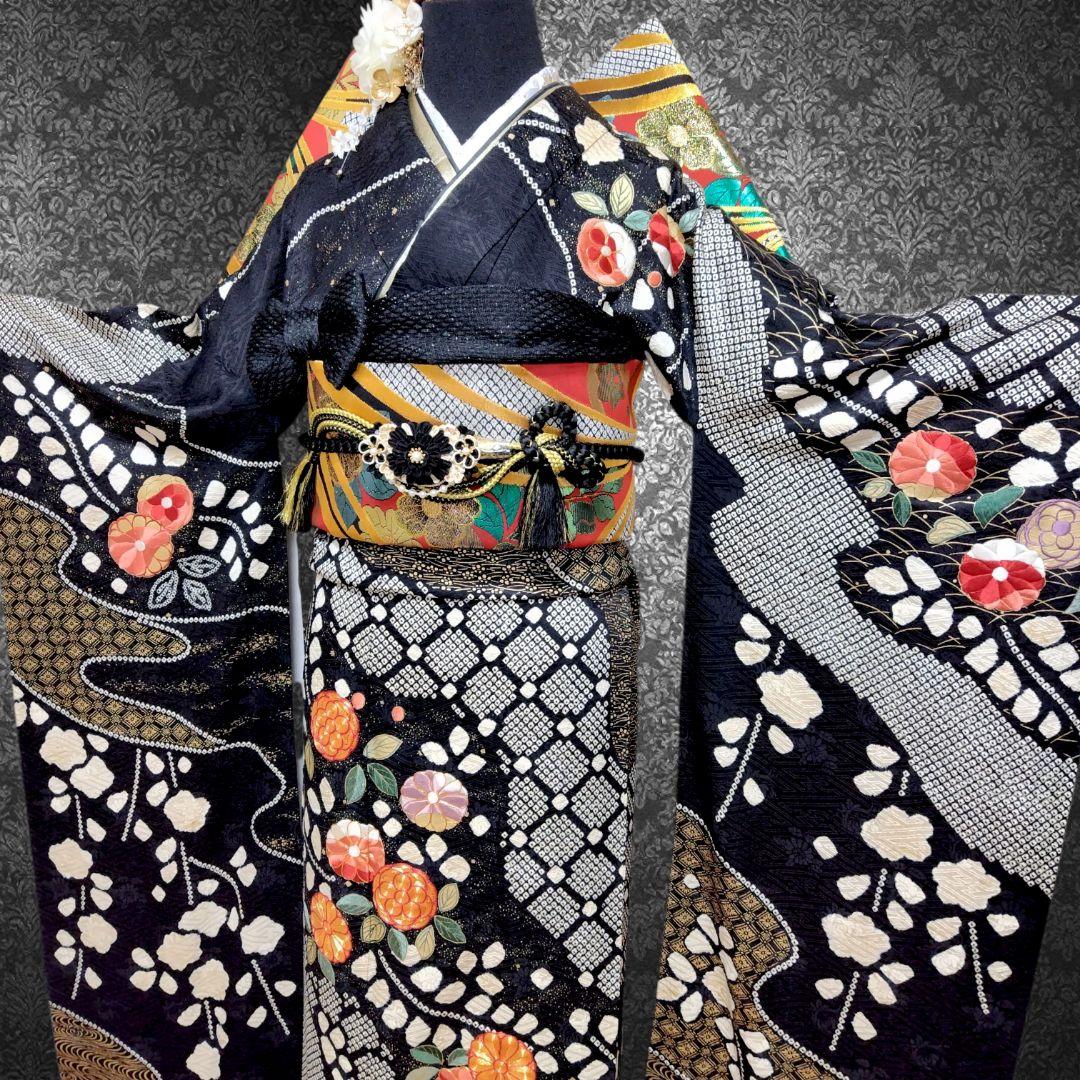 振袖フルセット(8点)・成人式・絞り・手絞り・辻ヶ花・鈴乃屋扱・金駒刺繍・金彩