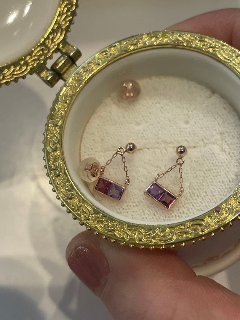 未使用　K10 PG アメジスト　ガーネット　ピアス　ダブルストーン　刻印