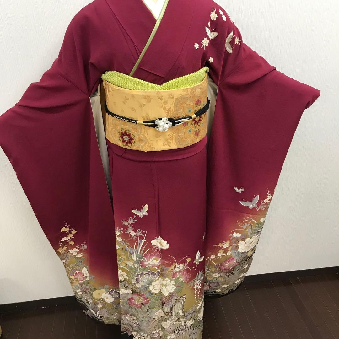 梅乃【055】正絹　振袖　セット深みのボルドー　大人レッド　シック