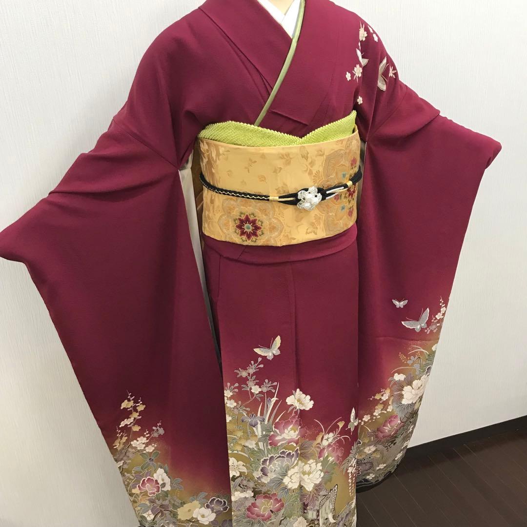 梅乃【055】正絹　振袖　セット深みのボルドー　大人レッド　シック