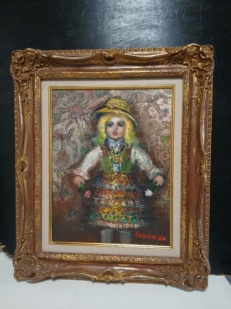 油彩画　人形　F6号『竹中　尚一郞』作者　・額サイズ495×590 ゴールド