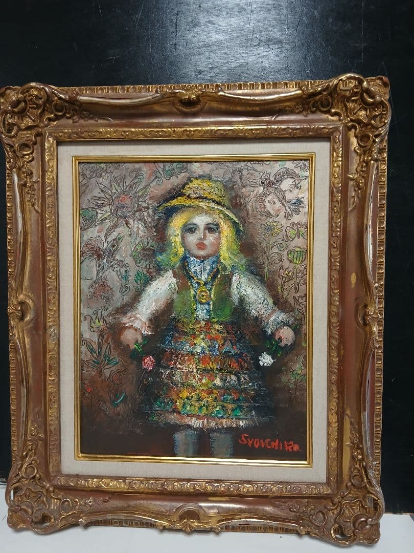 油彩画　人形　F6号『竹中　尚一郞』作者　・額サイズ495×590 ゴールド