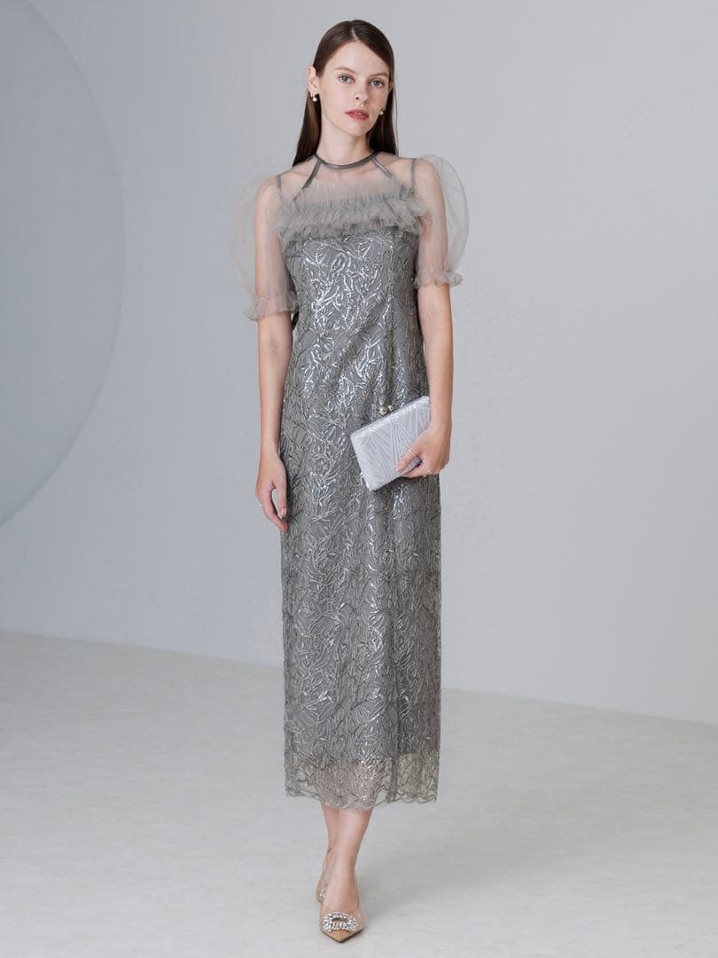 チュールフラワースパンコールIラインワンピースドレス結婚式二次会成人式パーティー