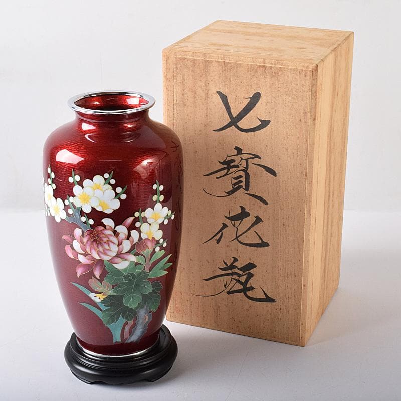 七宝焼　赤透明釉　四君子文　花瓶　唐木台付　共箱　M　R8361