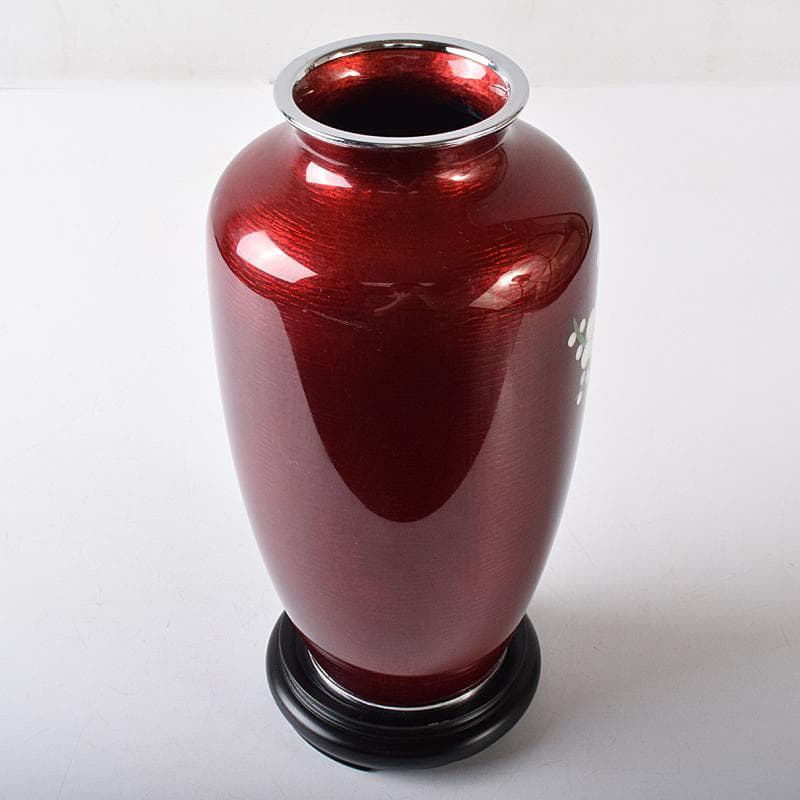 七宝焼　赤透明釉　四君子文　花瓶　唐木台付　共箱　M　R8361