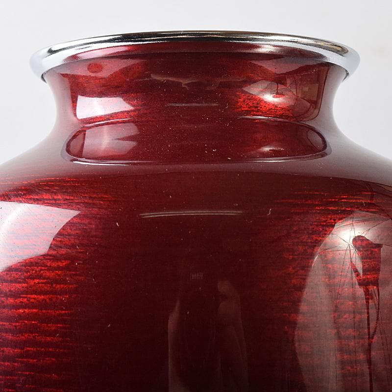 七宝焼　赤透明釉　四君子文　花瓶　唐木台付　共箱　M　R8361