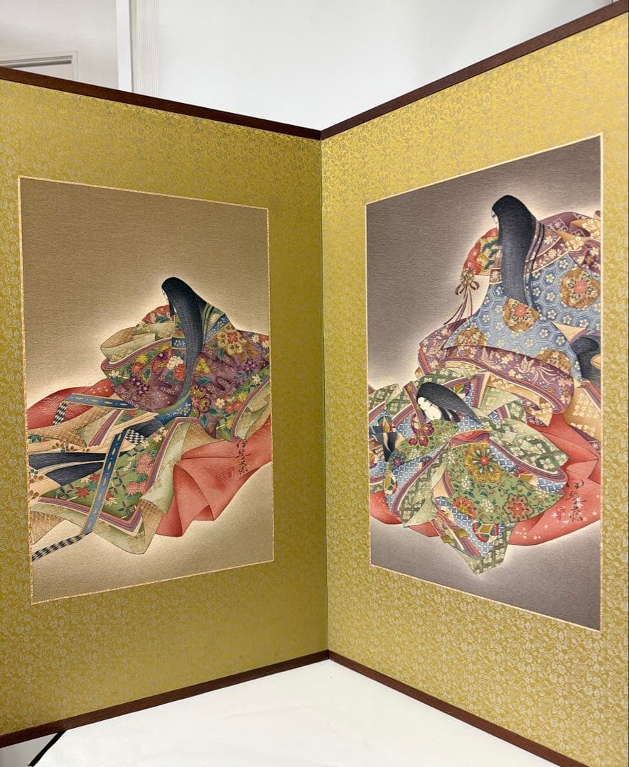 T29 京友禅伝統工芸士「樽本伊勢蔵」二枚折屏風 正絹生地 京の名工 和装着物