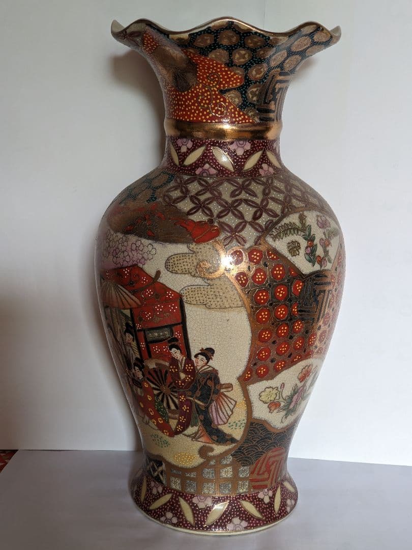 ♦越前 九谷焼 金彩色絵 花車遊女図 飾り壺 瓶花瓶 工芸品 コレクション骨董品