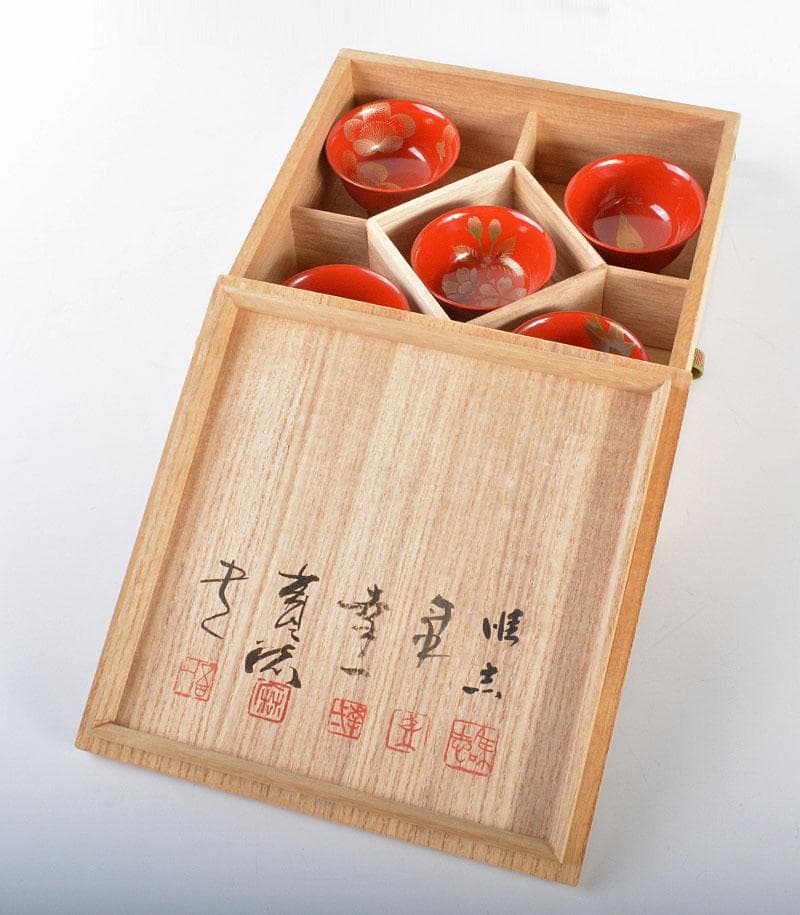 輪島塗　三谷吾一・井波唯志など特選五作家　朱盃　五客　共箱　F　R4348