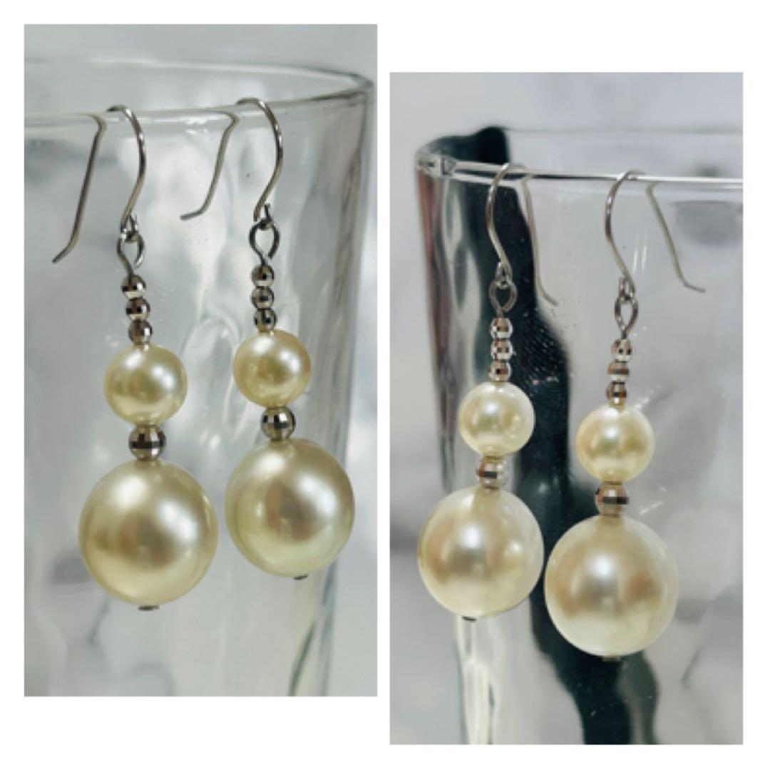 (M0124-2)PT,K18WG南洋白蝶真珠＋アコヤ花珠真珠アメリカンピアス