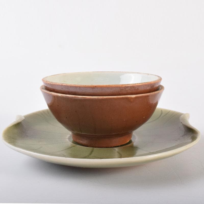中国　唐物　龍泉窯　青磁盃台　柿釉煎茶器２客　三点まとめて　V　R7569