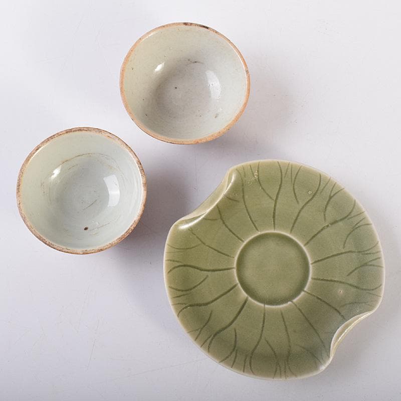 中国　唐物　龍泉窯　青磁盃台　柿釉煎茶器２客　三点まとめて　V　R7569