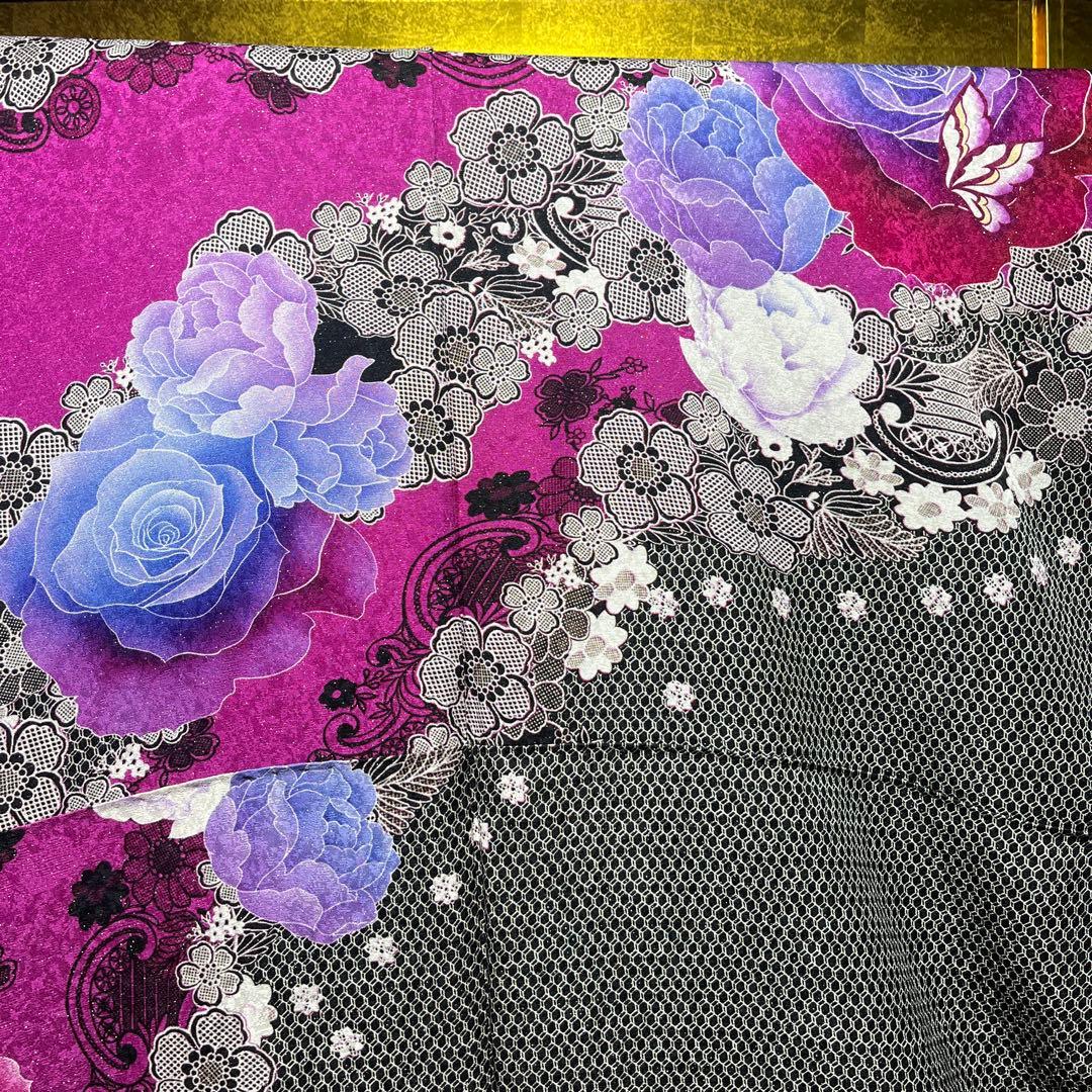 振袖　正絹　成人式　黒　ローズピンク