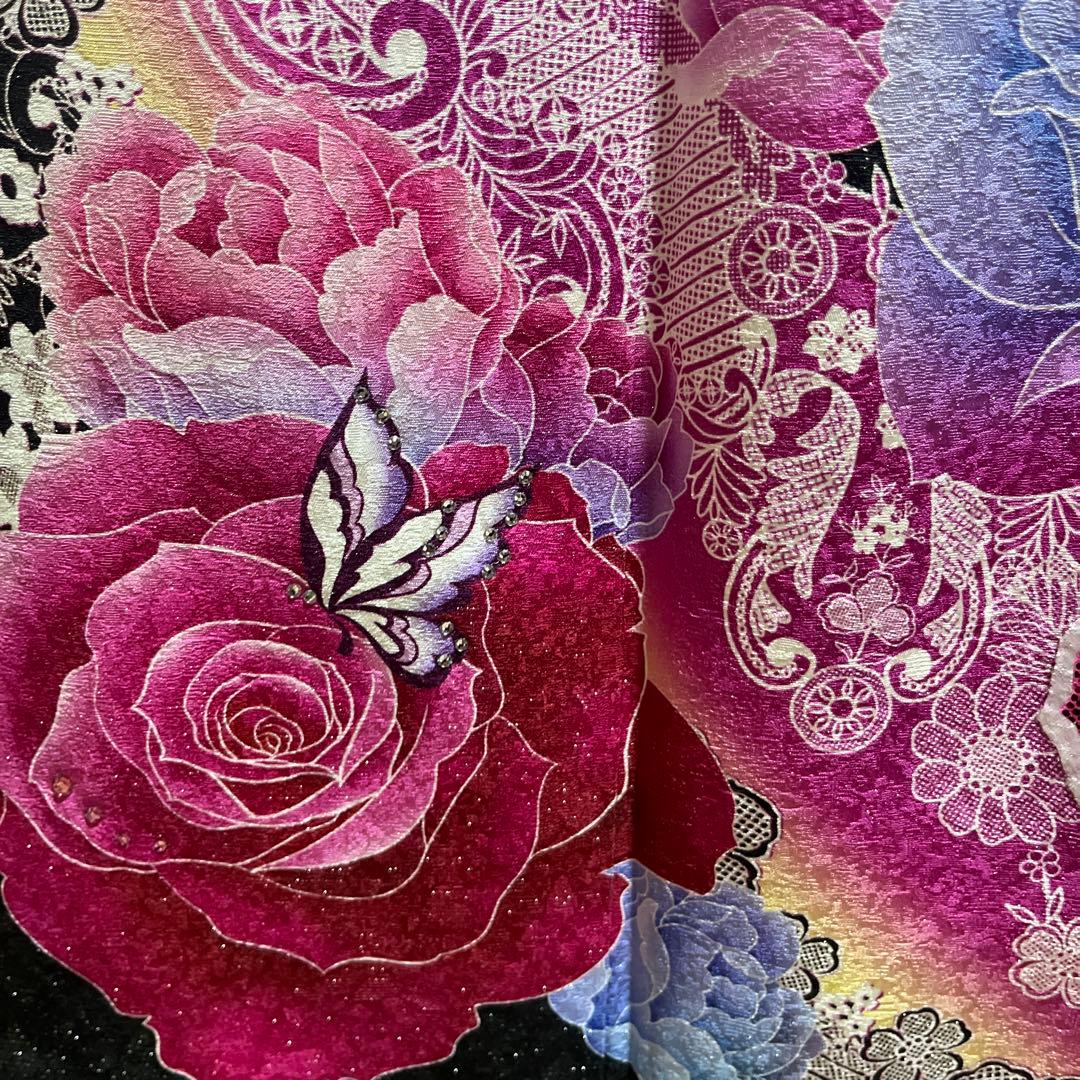 振袖　正絹　成人式　黒　ローズピンク