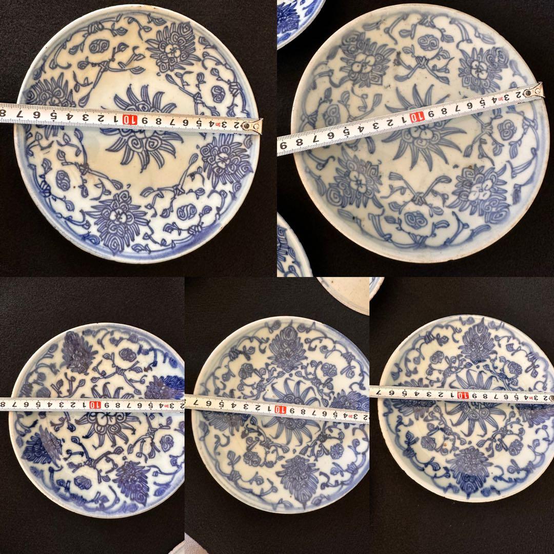 中国美術　清時代　染付花図中皿五枚セット　直径約17.5cm 古美術