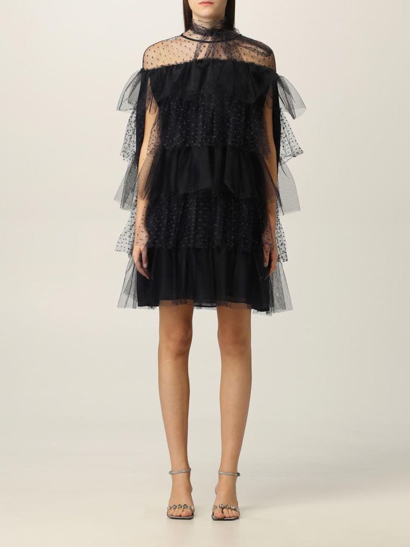 RED VALENTINOブラックドットチュールティアードミニドレス