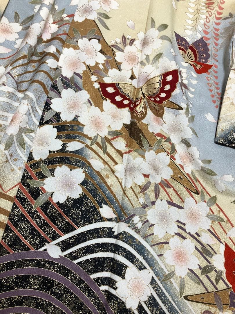 振袖　着物　帯　セット　成人式　水色　蝶　桜　ブルー系　前撮り