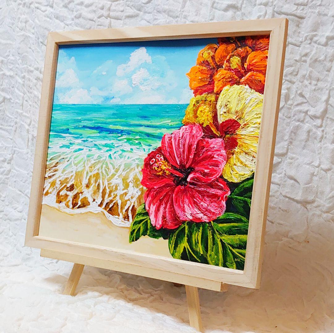 油絵 絵画【海とハイビスカス】