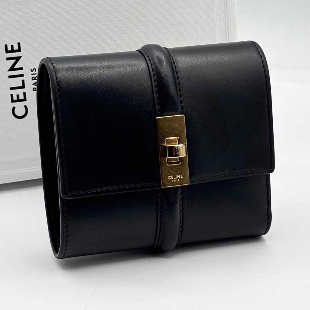 現行品 極美品 セリーヌ スモール トリフォールドウォレット16 セーズ 黒 箱