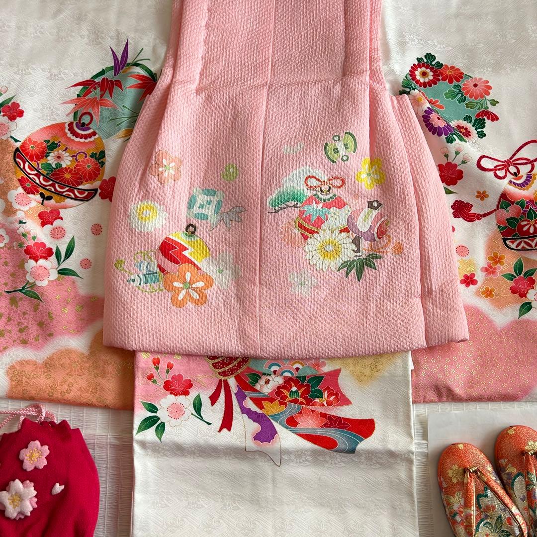 七五三 3歳 被布 着物 絹 三歳 白 ピンク 草履 753 巾着 女の子