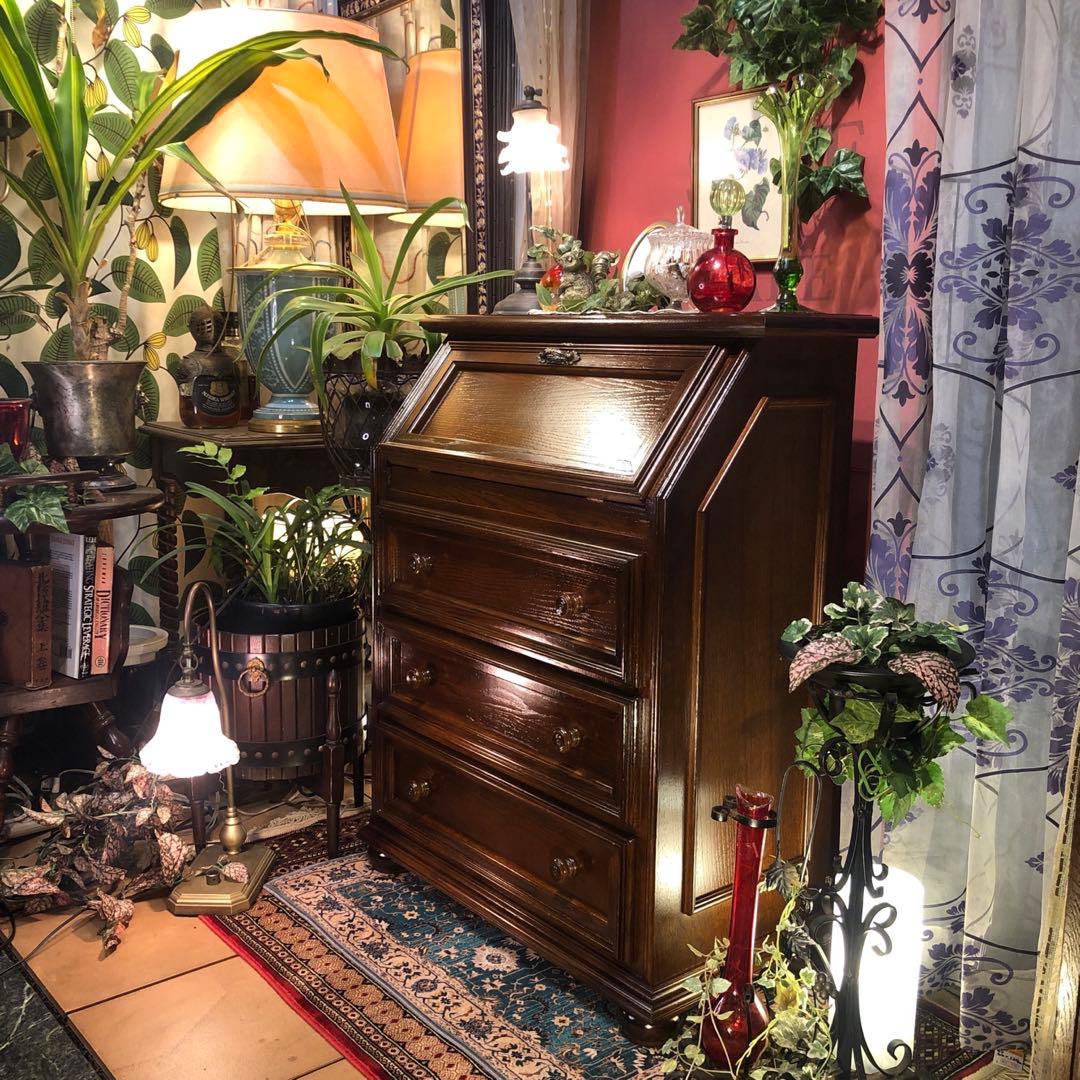 イタリアン　アンティーク　オーク　コンパクト　ライティングビューロー