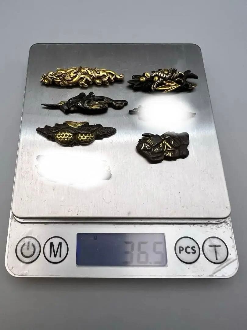 【海】江戸明治期　目貫　龍　天使　武士文など　銅鉄　金銀象嵌　5点　骨董品