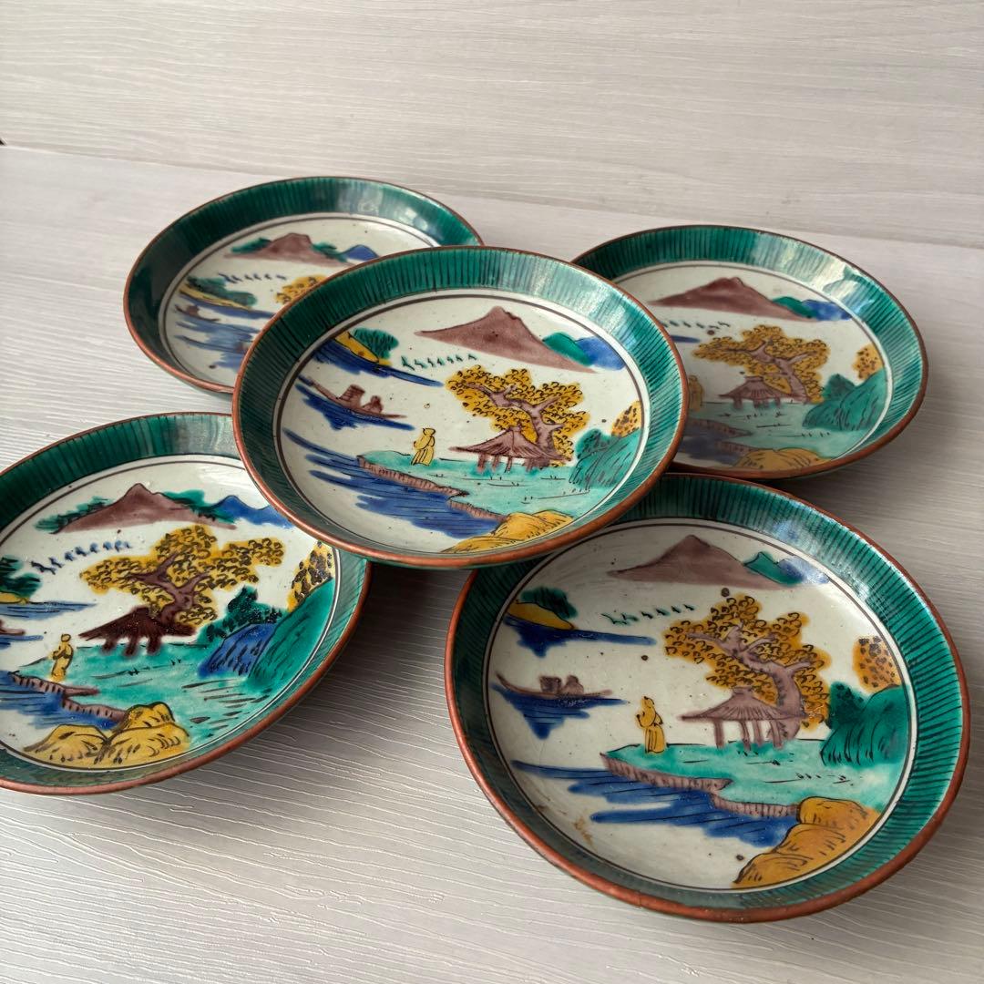 【1枚難あり】九谷焼　吉田屋窯　小皿　角福　山水　青手　年代物　共箱　和食器