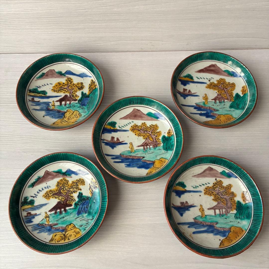 【1枚難あり】九谷焼　吉田屋窯　小皿　角福　山水　青手　年代物　共箱　和食器